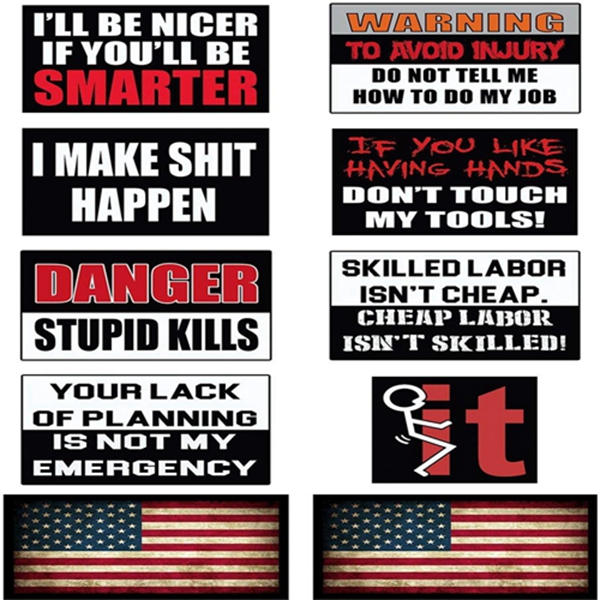 Racdde Funny Hard Hat & Helmet Stickers: 10 Decal Value Pack Two American Flags. Great a Construction Toolbox, Hardhat, Mechanic’s Chest & More. USA Made Fun Gift Pro Union Working Men & Women 