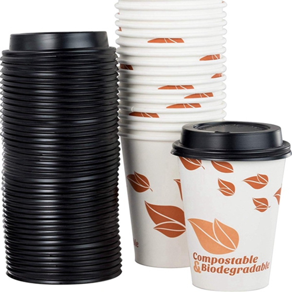 Biodegradable and Compostable 12 Oz Paper Coffee Cups And Recyclable Dome Lids. 100 Pack By Racdde. Medium Sized, PLA Lined Disposable Beverage Cups For Hot Drinks At Shops, Kiosks, Cafes and More 