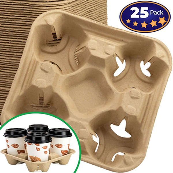 Premium Biodegradable 4 Cup Carrier 25 Pack by Racdde. Compostable, Pulp Fiber Tray for Hot and Cold Drinks. Eco-Friendly and Stackable to Keep Soda, Coffee and Other Beverages from Spilling 