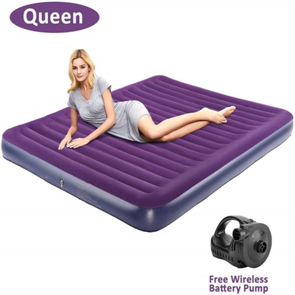 Racdde Queen Air Mattress, Inflatable Single High Airbed for Guests, Blow up Raised Air Bed for Camping with Electric Air Battery Pump, Purple 