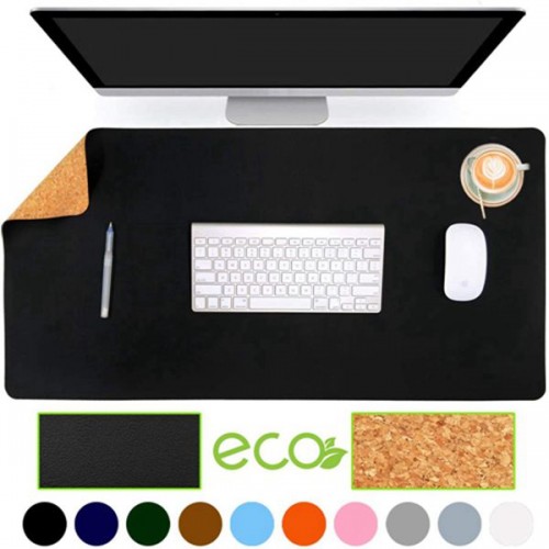 Racdde Eco-Friendly Natural Cork & Leather Double-Sided Office Desk Mat 31.5" x 15.7" Mouse Pad Smooth Surface Soft Easy Clean Waterproof PU Leather Desk Protector for Office/Home Gaming (Black) 