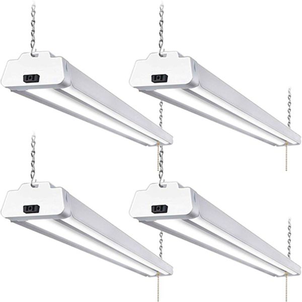 Racdde 5000K LED Shop Light Linkable, 4FT Daylight 42W LED Ceiling Lights for Garages, Workshops, Basements, Hanging or FlushMount, with Plug and Pull Chain, 4200lm, ETL- 4 Pack 