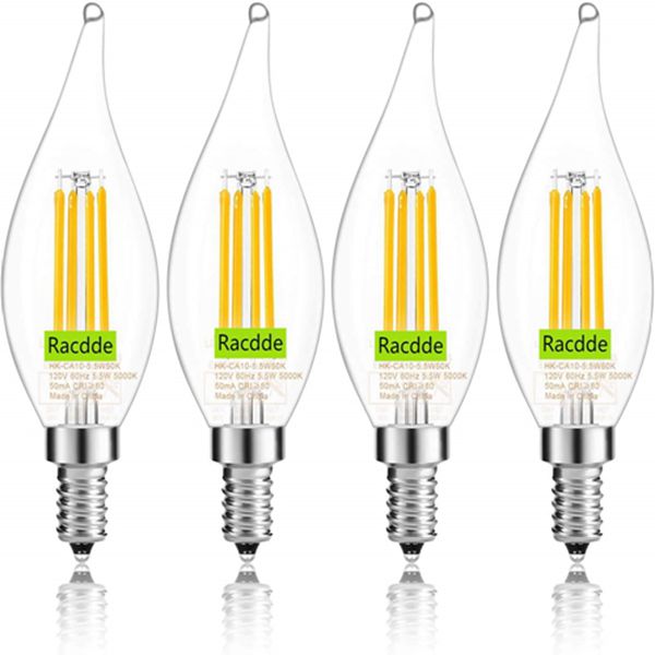 Racdde E12 Candelabra LED Bulb, Bent Tip Chandelier Light Bulb, 500LM, 2700K Soft White, 5.5W=60W, Dimmable, UL Listed (4 Pack) 