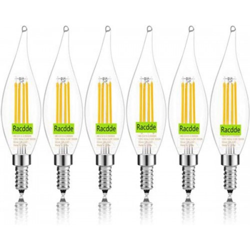 Racdde  E12 Candelabra LED Bulb, Bent Tip Chandelier Light Bulb, 500LM, 2700K Soft White, 5.5W=60W, Dimmable, UL Listed (6 Pack) 