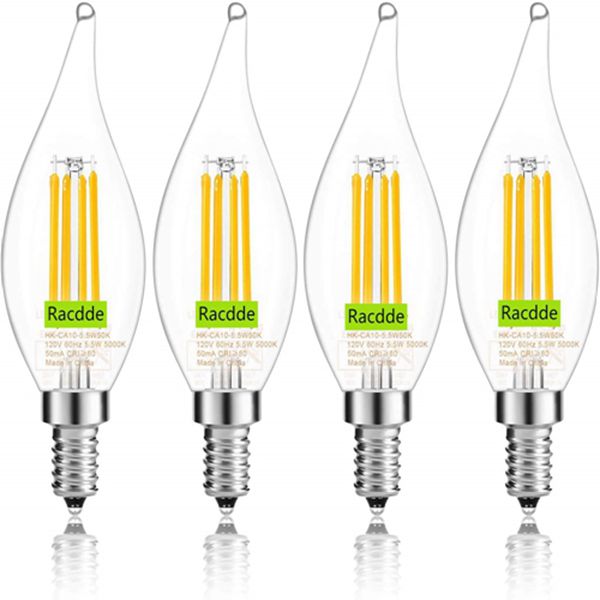 Racdde E12 Candelabra LED Bulb, Bent Tip Chandelier Light Bulb, 350LM, 2700K Soft White, 4.5W=40W, Dimmable, UL Listed (4 Pack) 