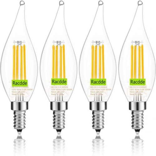 Racdde E12 Candelabra LED Bulb, Bent Tip Chandelier Light Bulb, 500LM, 5000K Daylight, 5.5W=60W, Dimmable, UL Listed (4 Pack) 