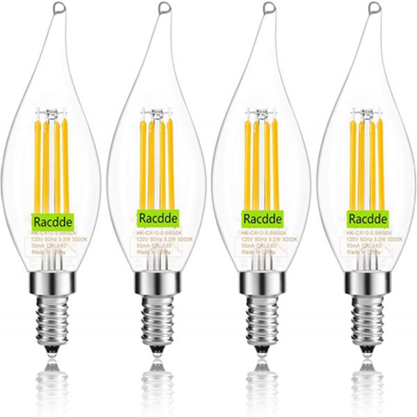 Racdde E12 Candelabra LED Bulb, Bent Tip Chandelier Light Bulb, 500LM, 5000K Daylight, 5.5W=60W, Dimmable, UL Listed (4 Pack) 