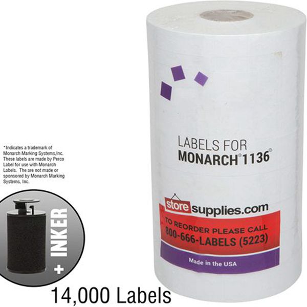 Racdde White Pricing Labels for Monarch 1136 Price Gun – 8 Rolls, 14,000 Pricemarking Labels – with Bonus Ink Roll Included 