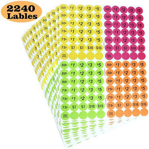 Racdde Garage Sale Price Stickers Pack of 2240 3/4" Round Bright Colors Label Stickers (with Price) 