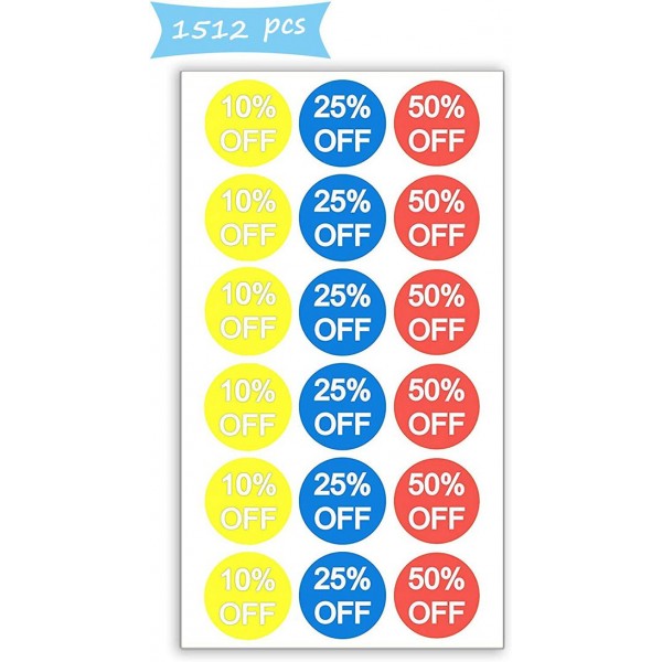 Racdde 10% 25% 50% Off Sale Price Stickers Labels Percent Off Stickers for Retail Store Clearance Promotion Discount Deals Circle Pricemarker Half Off Labels Stickers roll 1500 (3/4 inch, Multi) 