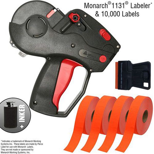 Racdde Monarch 1131 Price Gun with Labels Starter Kit: Includes Pricing Gun, 10,000 Fluorescent Red Labels, and Preloaded Inker 