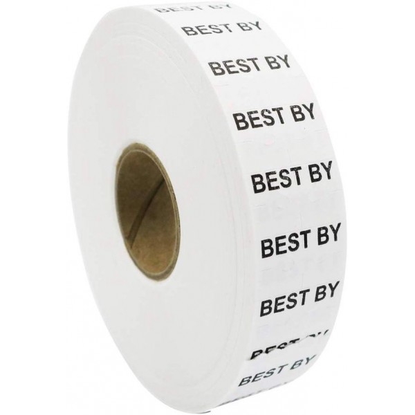Racdde 1 Line Price Marking Labels, White/Black Best by, 1 Sleeve of 20,000 Labels (8 Rolls, 2,500 Labels Per Roll) for Monarch 1131. Includes 1 Replacement Ink Roller. 