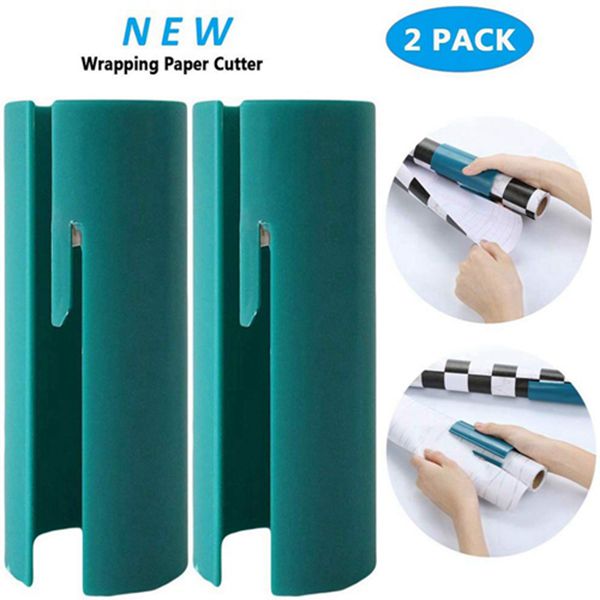 Racdde Wrapping Paper Cutter, Mini Cylinder Paper Cutter Christmas Clearence Wrapping Paper Cutting Tools, Easy Quick, Creative Sliding Paper Roll Cutter, 2 Pack (Blue) 