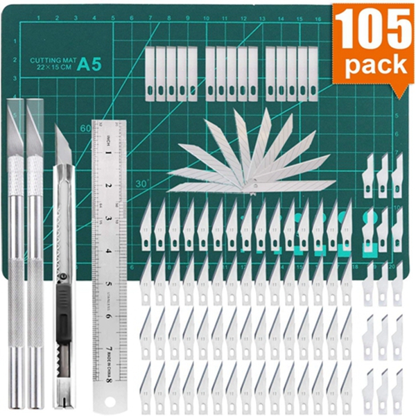 Racdde 105 PCS Precision Carving Craft Hobby Knife Kit Includes 92 PCS Carving Blades with 2 Handles, 11 PCS SK5 Art Blades with 1 Handles, Cutting Board,Steel Rule for DIY Art Work Cutting, Hobby, Scrapbook 