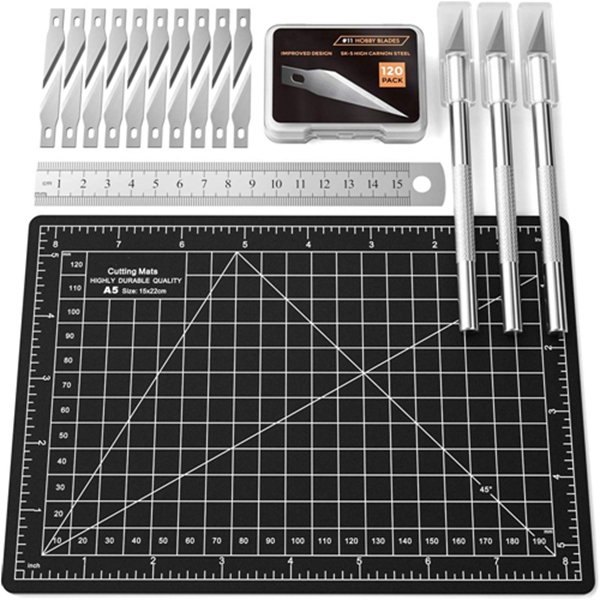 Racdde 125 PCS Hobby Exacto Knife, Includes 3 Precision Cutter #1 with 120 PCS #11 Art Blades, Rule and Self-Healing 3-Layer Cutting Mat 5"x 8" for Art Carving Craft Office 