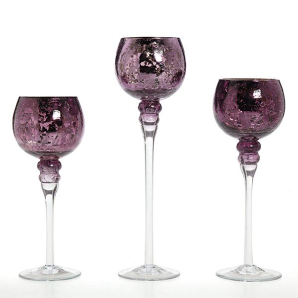 Racdde Set of 3 Crackle Glass Tealight Holders - Your Choice of Colors - 12 Inch, 10 Inch, 9 Inch (1-Purple) 