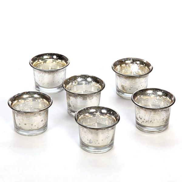 Racdde's Set of 6, Metallic Antique Silver Glass Mercury Style Candle/Tealight Holder with Free 6 Tealights. Ideal GIFT for Wedding, Bridal, Party, Votive, LED Tea Light Gardens O3 