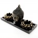 Racdde Buddha Head Sculpture Zen Garden Set w/Lotus Tealight Candle Holders & Wooden Display Tray, Black 