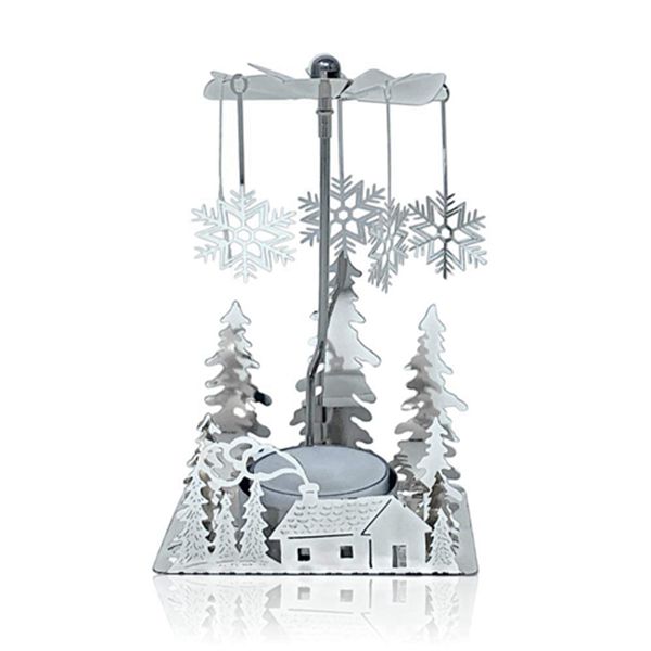 Racdde Spinning Winter Candle Holder - Silver Plated Laser Cut Winter Scene Design with Snowflake Charms - Tea Light Candle Holder - Scandinavian Design 