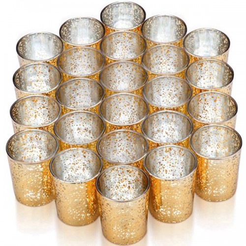 Racdde Gold Votive Candle Holders - Set of 24 Mercury Glass Votives and Tealight Candle Holder - Gold Wedding Decorations 