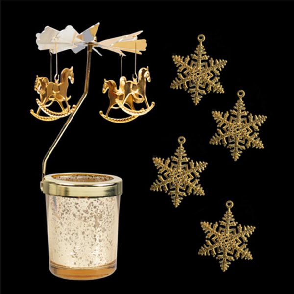 Racdde Spinning Candle Holder, Gold Rotary Tea Light Holder Rotating Candlestick Frosted Glass Scandinavian Design for Romantic Wedding Home Table Decor Christmas Holiday Favor (Carousel+Snowflake) 