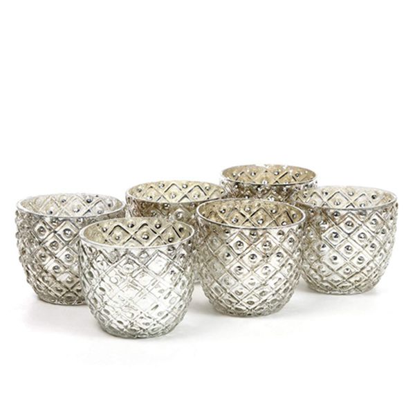Racdde Set of 6 Metallic Antique Silver LED Glass Votive Tealight Candle Holder 2.75 Inch Diameter Ideal for Bridal Weddings Parties Special Events Spa Settings and Aromatherapy Mini Flower Pot O4 