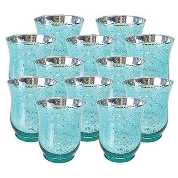 Racdde Mercury Glass Hurricane Votive Candle Holder 3.5-Inch (12pcs, Speckled Aqua) - Mercury Glass Votive Tealight Candle Holders for Weddings, Parties and Home Décor 