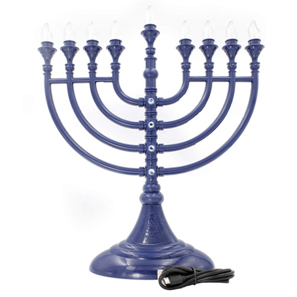 Racdde Traditional LED Electric Blue Hanukkah Menorah Crystals - Battery USB Powered - Includes a Micro USB 4' Charging Cable 