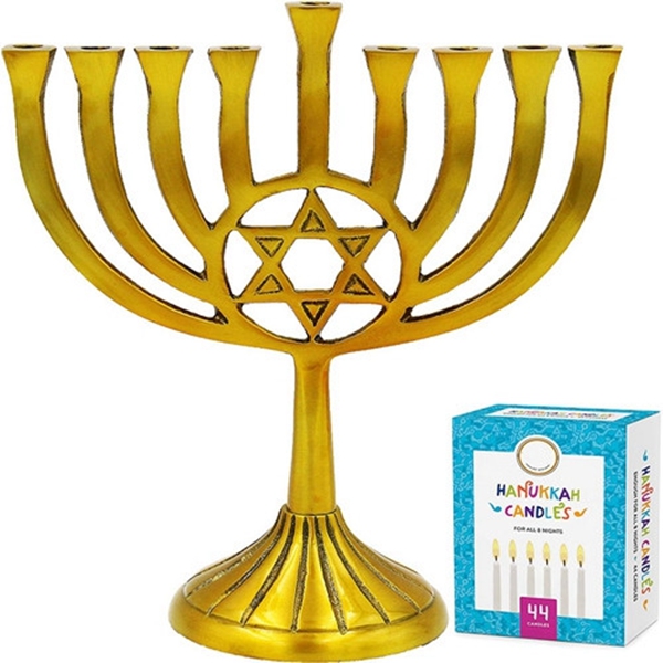 Racdde Menorah With Traditional Star Antique Gold Finish, Full Size 9" - Includes Box Of 44 Elegant White Candles 