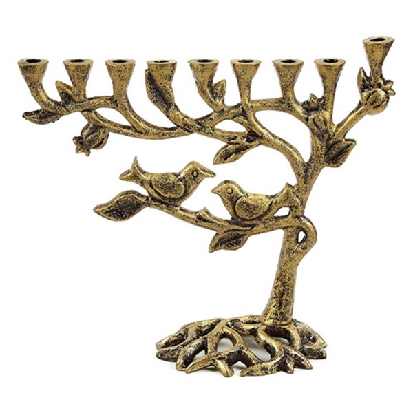 Racdde Vintage Aluminum Candle Menorah - Fits All Standard Chanukah Candles - Tree of Life Design with Antique Gold Finish 