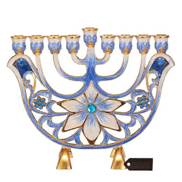 Racdde Hand Painted Blue and Ivory Flower Menorah Candelabra, Embellished with Gold Accents and Crystals Jewish Candle Holder Hanukkah Gift for Housewarming Showpiece Centerpiece for Living Room 