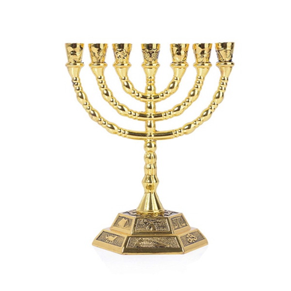Racdde 12 Tribes of Israel Jerusalem Temple Menorah,7 Branch Hexagonal Base Jewish Candle Holder, Holy Land Gift (Menorah) 