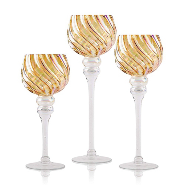 Racdde Long Stem Glass Candle Holders, Set of 3 Amber Luster Hurricanes for Tealight, Votive and Pillar Candles - Home Decor, Wedding Accent, Event or Party Centerpiece 
