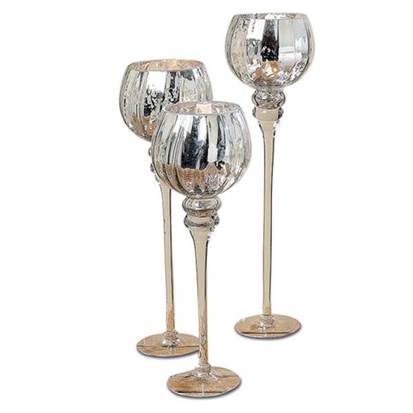 The Spectacular Cape Cod Long Stem Candle Holders, Set of 3, Silver Mercury Glass, Rippled, 18 1/2, 16 1/2, and 15 Inches Tall, For Tealight or Votive or Ball Candles, By Racdde