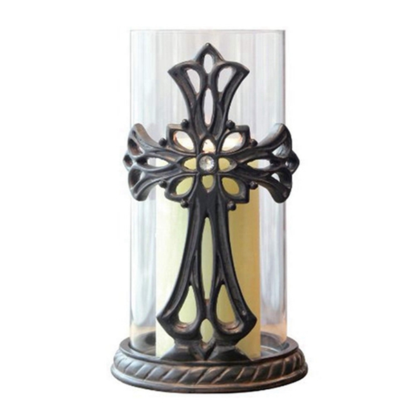 Racdde Decorative Glass Hurricane Pillar Candle Holder with Bronze Metal Base and Jeweled Cross Detail, Religious Home Decor Accessories, Decoration for Mantel, Table Top, or Prayer Alter 