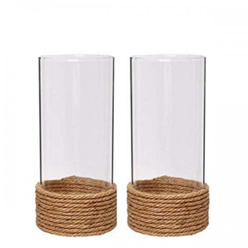 Racdde Set of 2, 9.5" High, Clear Glass Pillar/Votive Candle Holder with Hurricane Rope Wrap. Ideal Gift for Weddings, House Warming, Home Office, Spa, Votive/Pillar Candle Garden. W1 