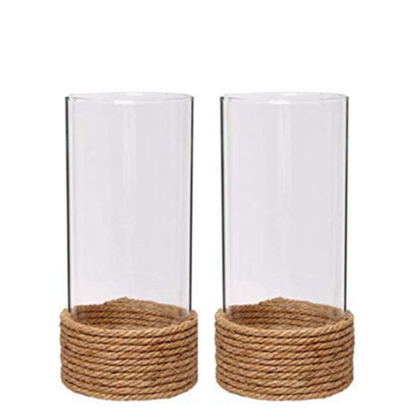 Racdde Set of 2, 9.5" High, Clear Glass Pillar/Votive Candle Holder with Hurricane Rope Wrap. Ideal Gift for Weddings, House Warming, Home Office, Spa, Votive/Pillar Candle Garden. W1 