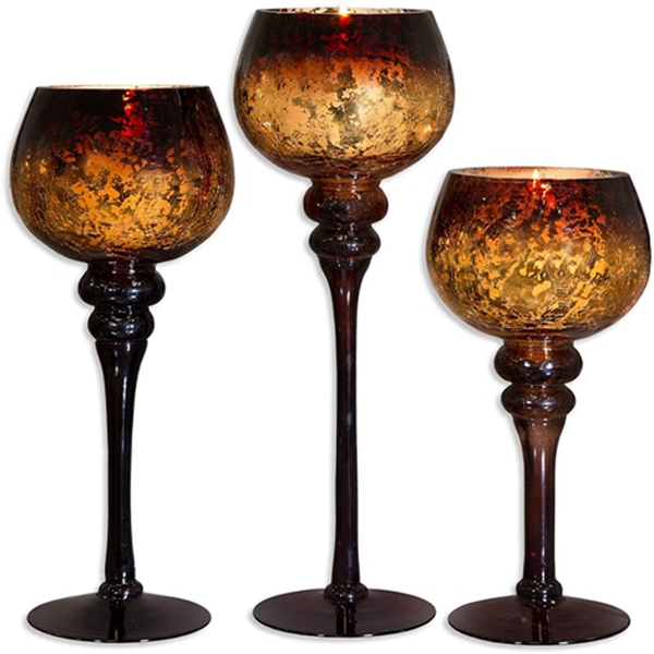 Racdde Set of 3 Brown Mercury Chocolate Crackle Finished Glass Hurricane Candle Holders ~ Decorative Sphere Ball Candle Holders ~ Home Decor & Party Centerpiece 