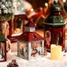 Racdde Christmas Candle Lantern Decoration - Snowman Decorative Candle Holder, Rustic, Hand Painted Metal and Glass - Table Centerpiece or Hanging Lantern Holder, Christmas Home Decorations, Red 