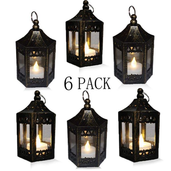 Racdde Mini Black Candle Lanterns,Vintage Style Decorative Hanging Small Lantern with Flickering LED for Halloween,Christmas,Wedding,Table Centerpiece, Accent Piece and Party Favor (Pack of 6) 