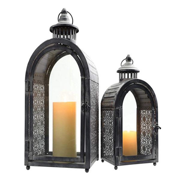 Racdde Set of 2 Antique Grey Decorative Lanterns, Metal Candle Lanterns for Indoor Outdoor, Events, Parities and Weddings Vintage Style Hanging Lantern. 