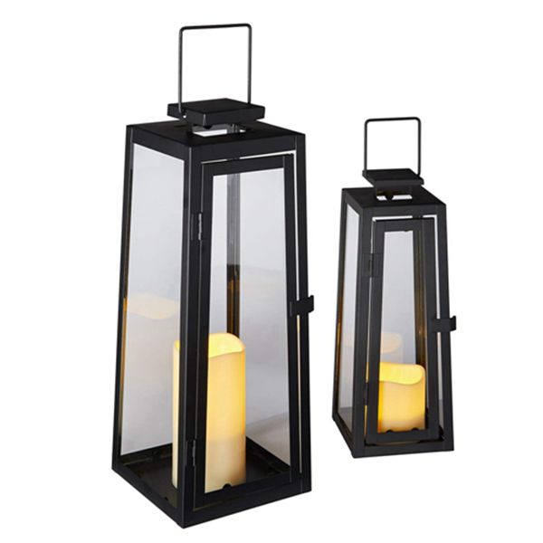Racdde Set of Two Black Metal Battery Operated LED Flameless Candle Lanterns for Indoor Outdoor Use 