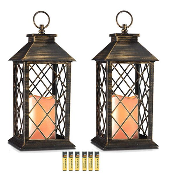 Racdde 14" Golden Brushed Vintage Style Candle Lantern with 4 Hours Timer (Batteries Included) Hanging Lantern for Indoor&Outdoor Flameless candles Decorative-Candles-Lanterns (set of 2) 