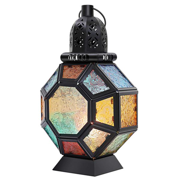 Racdde Retro Iron Candle Lantern, 14.6 Inch Portable Moroccan Wrought Iron Stained Glass Candle Holder Hanging Lamp Horse Light Wind Lantern for Home Decor, Large – Black + Colorful 