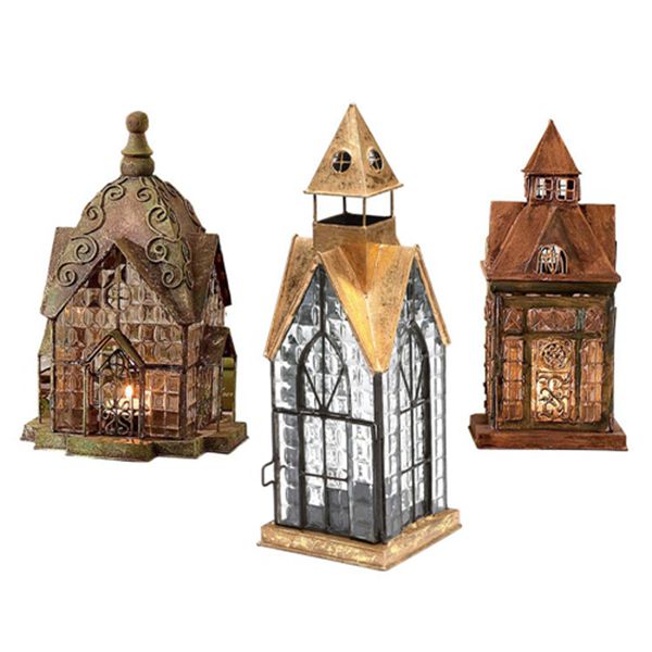 Racdde Set of 3 Glass and Metal Candle Lanterns - Classic European Architectural Houses 