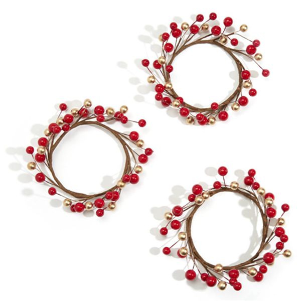 Racdde Pip Berry Candle Rings for Pillars - Red and Gold, Small Wreaths for Rustic Wedding Centerpiece or Table Decoration, Fits 3 Inch Diameter Candles - Set of 3 