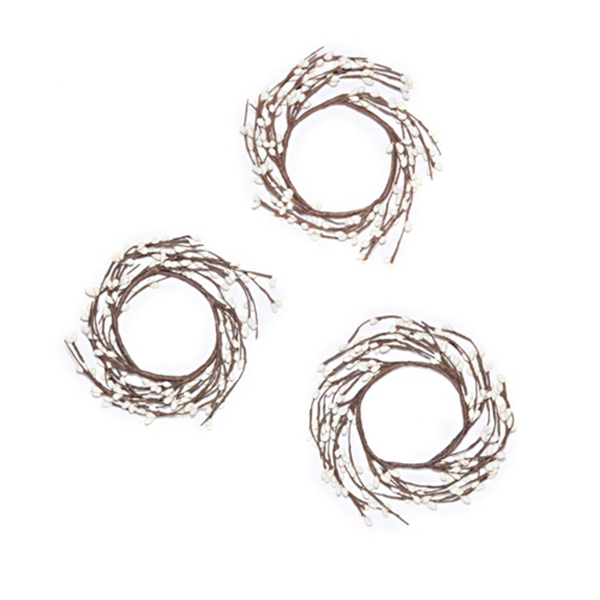 Racdde Christmas Candle Rings for Pillars - White Pip Berry on Rustic Twig Wreath, Fits Up to 3 Inch Pillar Candles, Holiday Table Decor or Wedding Centerpiece, Set of Three 