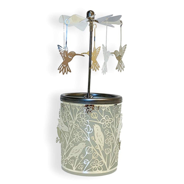 Racdde Spinning Hummingbird Candle Holder - Silver Birds Spin Around The Frosted Glass Candle Holder 