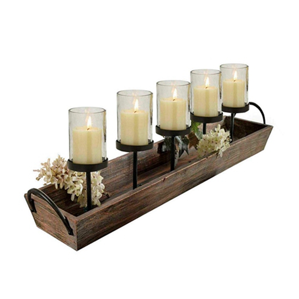 Racdde 27.5 in. Rustic Wood Candle Centerpiece Tray w/ Five Metal Candle Holders  