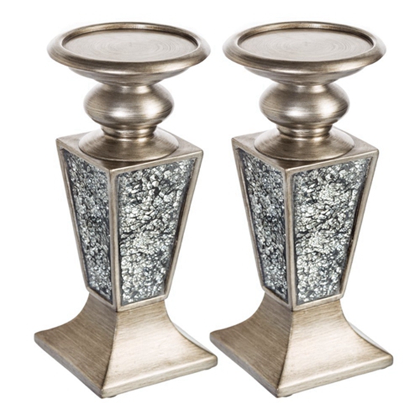 Racdde Pillar Candle Holder Set of 2- Crackled Mosaic Design- Home Coffee Table Decor Decorations Centerpiece for Dining/Living Room- Best Wedding Gift (Silver) 